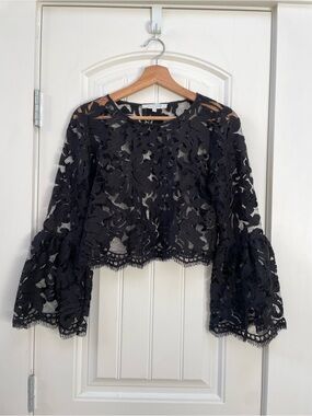 Alexis Black Floral Lace Bell-Sleeve Crop Top
